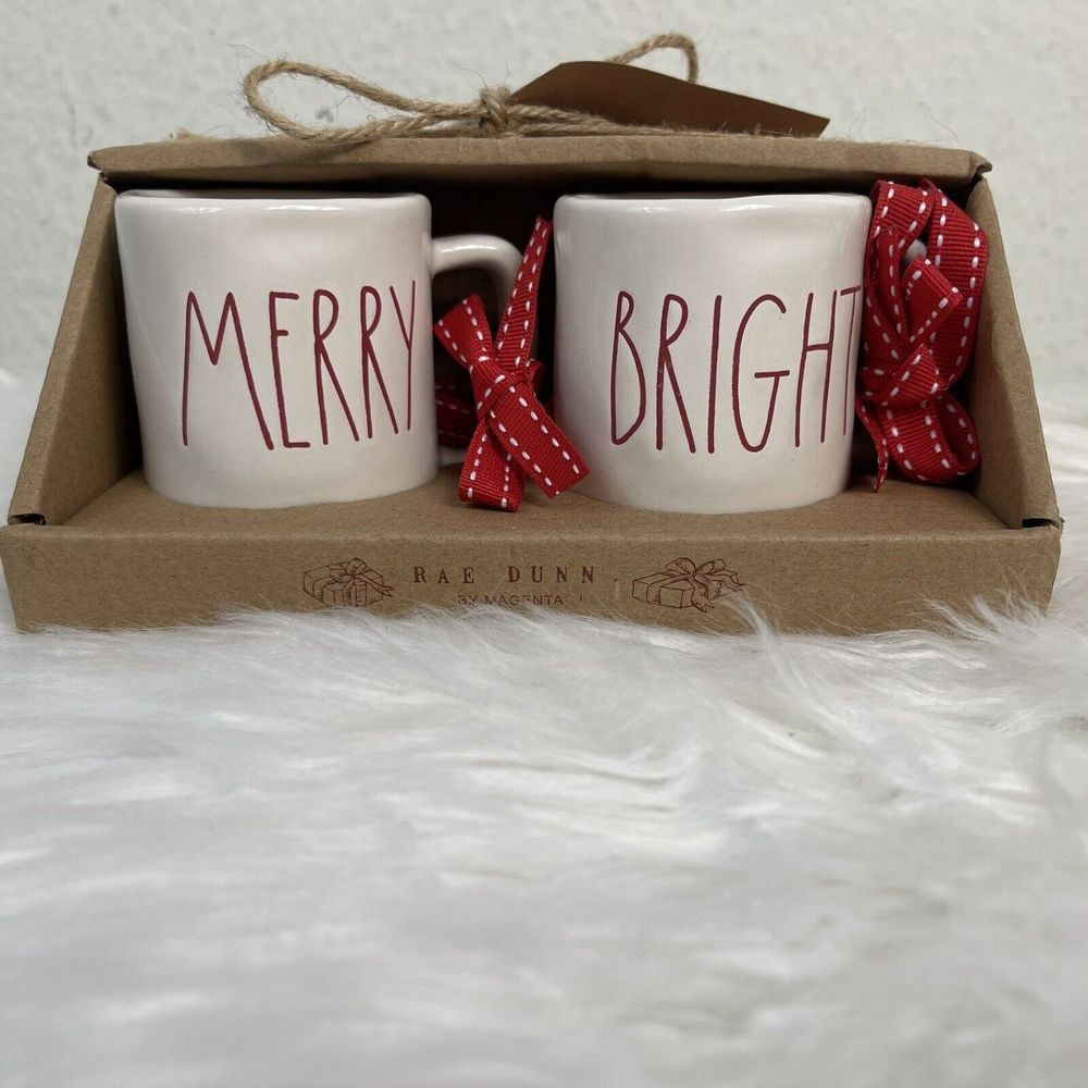 Rae Dunn by Magenta Merry Bright Christmas Mini Mug Ornament Gift Set Red White